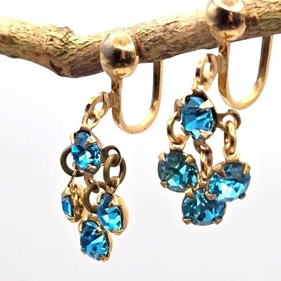 Vintage Goldtone with Sparkly Blue Rhinestones Dangle Screw Back Earrings - Picture 2 of 5